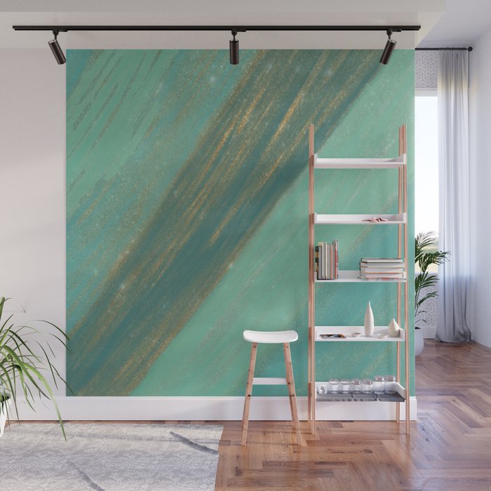 Abstract gold glitter teal mint watercolor brushstrokes Wall Mural