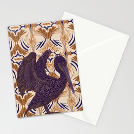 Open winged pelican bird on pattern background - purple Stationery Card