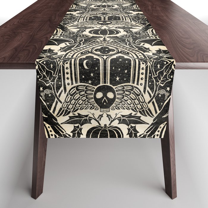Gothic Halloween Damask - black and cream Table Runner