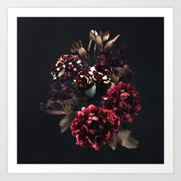 Midnight garden. Vintage bouquet of roses, dark red peony and iris. Art Print