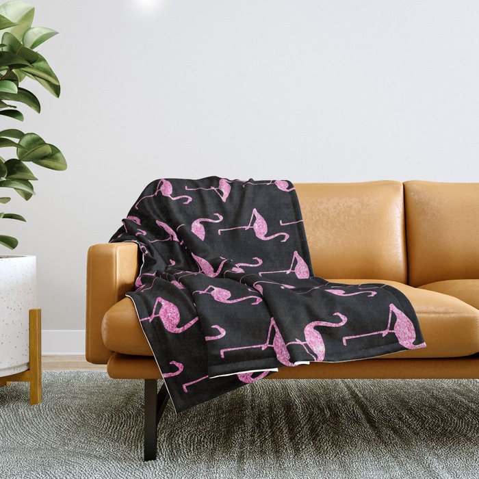 Pink Glitter Flamingo Pattern Black Background Throw Blanket by