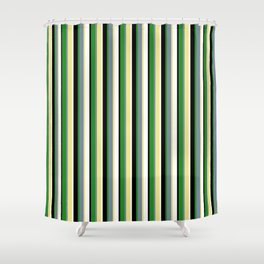 [ Thumbnail: Eyecatching Tan, Light Slate Gray, Forest Green, Black, and White Colored Lined/Striped Pattern Shower Curtain ]