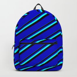 [ Thumbnail: Aqua, Black & Blue Colored Lines/Stripes Pattern Backpack ]