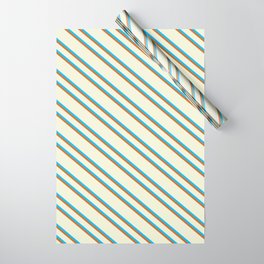[ Thumbnail: Beige, Deep Sky Blue & Chocolate Colored Lines Pattern Wrapping Paper ]