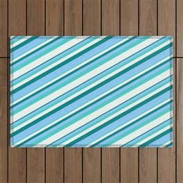 [ Thumbnail: Teal, Light Sky Blue, Turquoise & Mint Cream Colored Striped Pattern Outdoor Rug ]