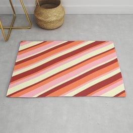 [ Thumbnail: Light Yellow, Brown, Coral & Light Pink Colored Stripes/Lines Pattern Rug ]