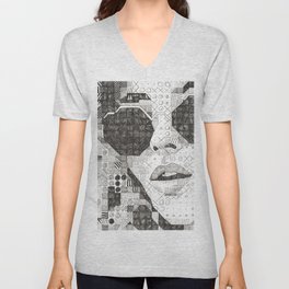 Black and White Illustration of Woman in Sunglasses V Neck T Shirt