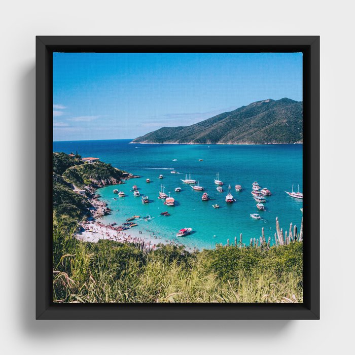 Brazil Photography - Bay With Turquoise Water And Boats Framed Canvas