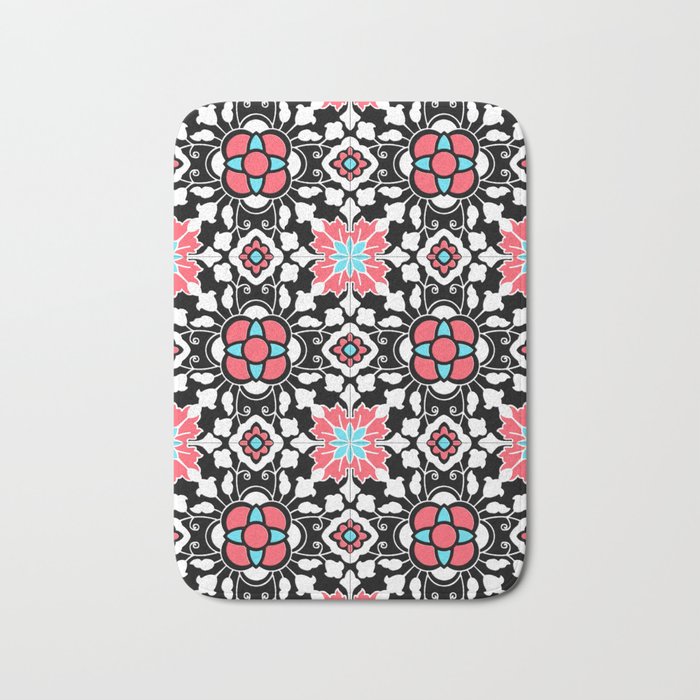 Floral Moroccan Tile, Black, White and Coral Pink Bath Mat