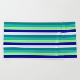 [ Thumbnail: Colorful Light Sea Green, Light Green, Dark Blue, Lavender, and Teal Colored Stripes/Lines Pattern Beach Towel ]