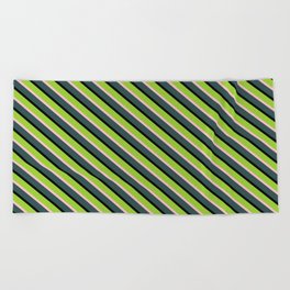 [ Thumbnail: Green, Pink, Dark Slate Gray, and Black Colored Lined Pattern Beach Towel ]