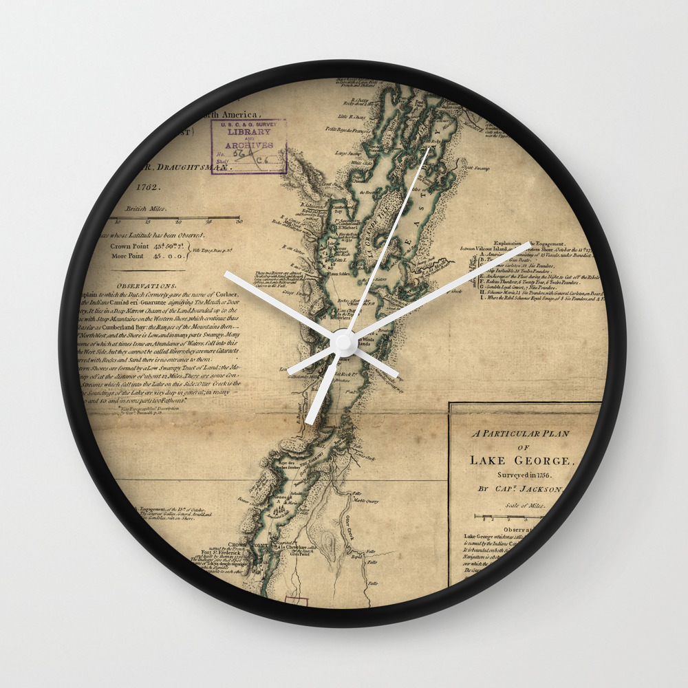 Vintage Map Of Lake Champlain Lake George 1776 Wall Clock By Bravuramedia Society6