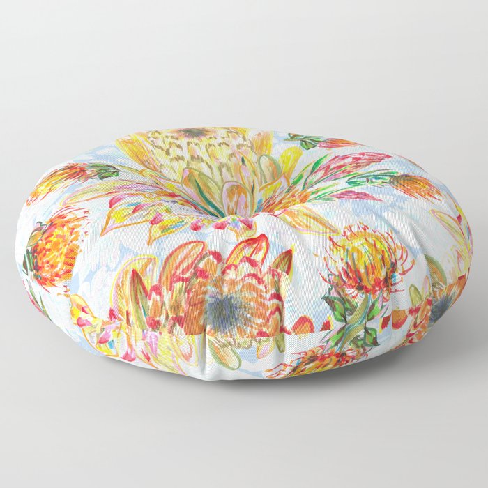 Orange and pink protea flowers floral on blue Floor Pillow