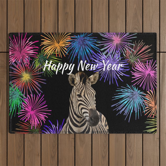 Wild Animal Zebra - Happy New Year fireworks  Outdoor Rug