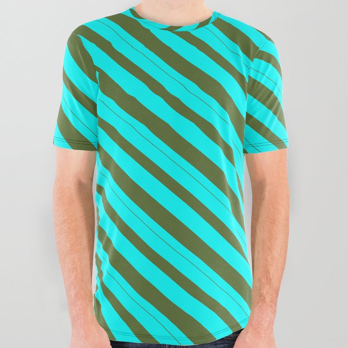 Cyan and Dark Olive Green Colored Pattern of Stripes All Over Graphic Tee