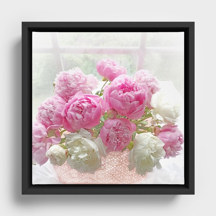 Shabby Chic Garden Pink White Peonies In Window Cottage Flower Wall Art Print, Home Decor, Gift Decor Framed Canvas