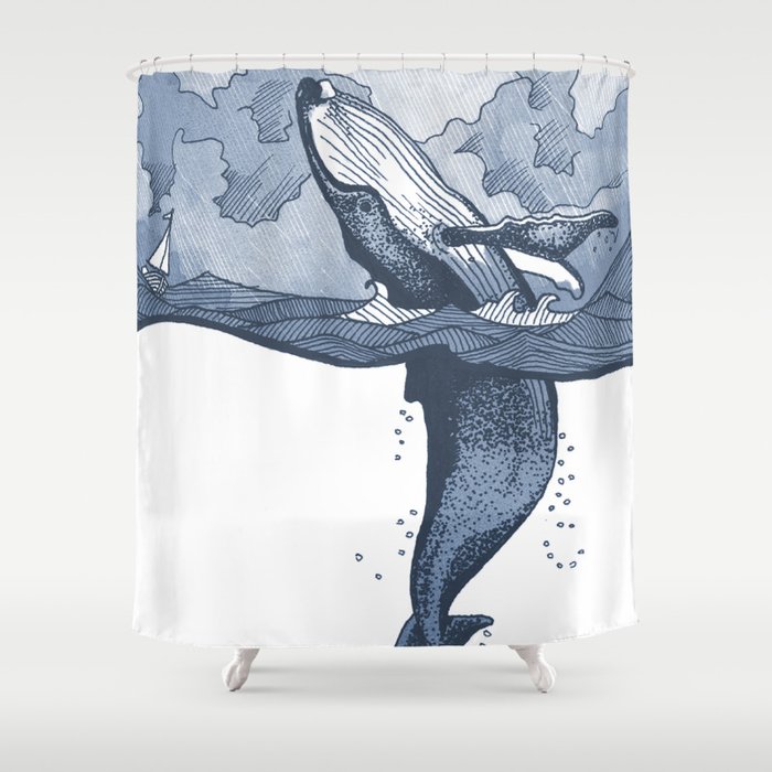 Hump Back Whale Breaching In Stormy Seas With Tiny Boat Nautical Themed Illustration Shower Curtain