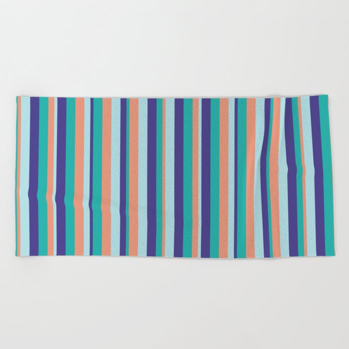 Light Sea Green, Dark Slate Blue, Powder Blue, and Dark Salmon Colored Striped Pattern Beach Towel
