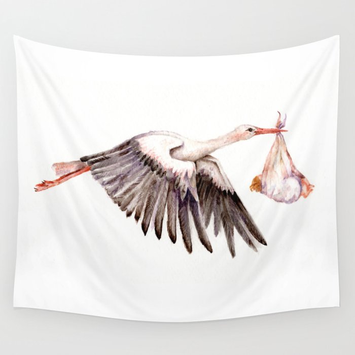 Baby on Bird. Cute Stork with a Baby Wall Tapestry