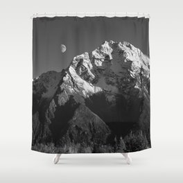 Moon Over Pioneer Peak B&W Shower Curtain | Alaska, Terminationdust, Snow, Lunar, Landscape, Moonscape, Outdoors, Black and White, B W Photography, Pioneerpeak 
