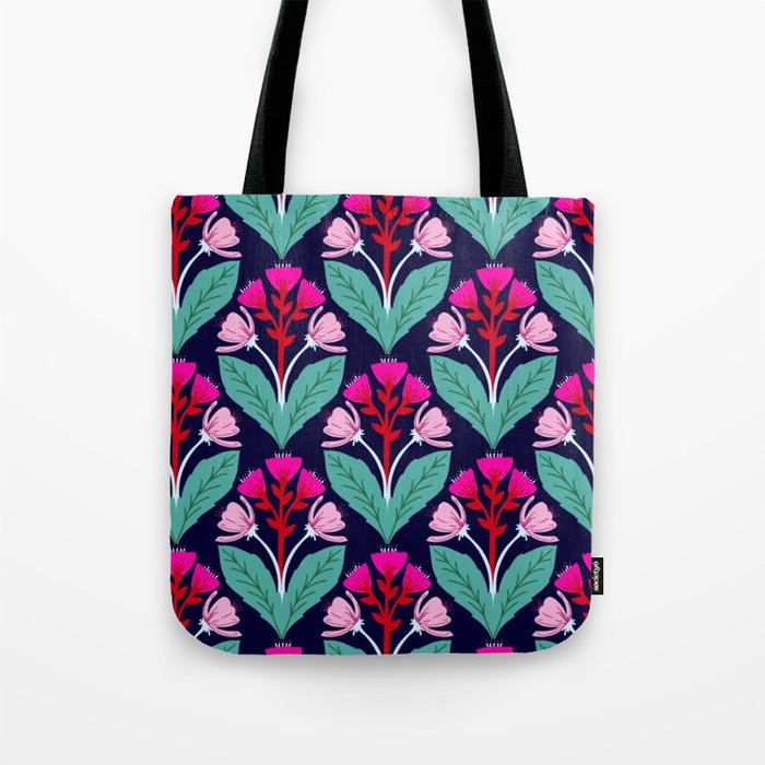 Hand drawn folk art floral pattern in pink and red Tote Bag