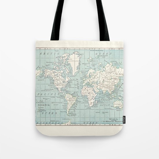 World Map in Blue and Cream Tote Bag