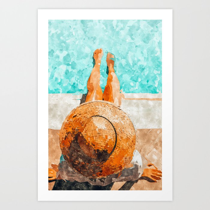 By The Pool All Day, Summer Travel Woman Swimming, Tropical Fashion Bohemian Painting Art Print