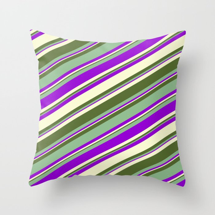 Dark Sea Green, Dark Violet, Light Yellow & Dark Olive Green Colored Stripes Pattern Throw Pillow