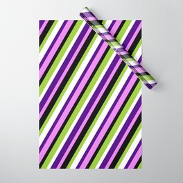 [ Thumbnail: Eye-catching Green, White, Indigo, Violet & Black Colored Lined/Striped Pattern Wrapping Paper ]
