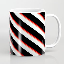 [ Thumbnail: Red, Light Salmon, Mint Cream, and Black Colored Pattern of Stripes Coffee Mug ]
