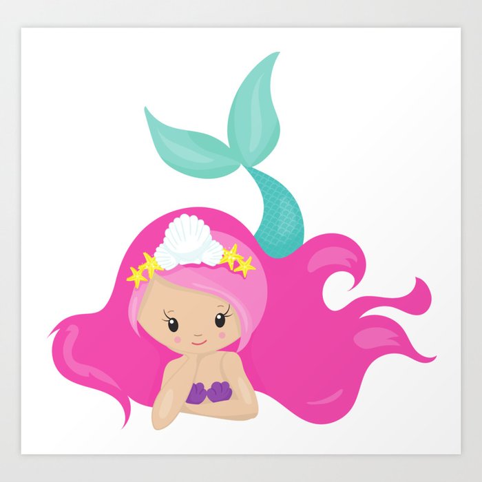 Cute Mermaid, Pink Hair, Little Mermaid, Starfish Art Print by ...
