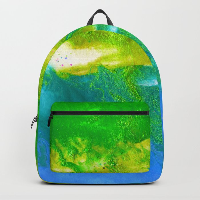 Modern Abstract Fluid Painting with Iridescent Paints - Blue, Lime Green, Teal Backpack
