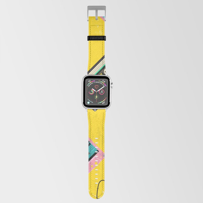 70's, 80's cassette tape vintage retro background. Fashionable poster simple graphic old style with heart and flash. Disco love party 1980. Yellow Apple Watch Band