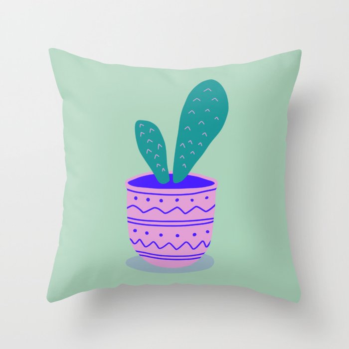 Cactus House Plant in Pot (green/pink/blue) Throw Pillow
