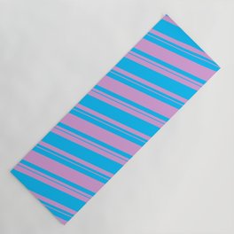 [ Thumbnail: Plum & Deep Sky Blue Colored Lined Pattern Yoga Mat ]