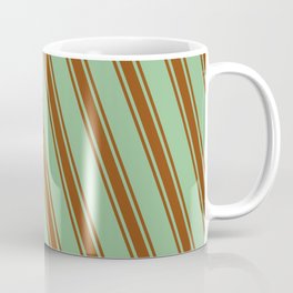 [ Thumbnail: Dark Sea Green and Brown Colored Pattern of Stripes Coffee Mug ]