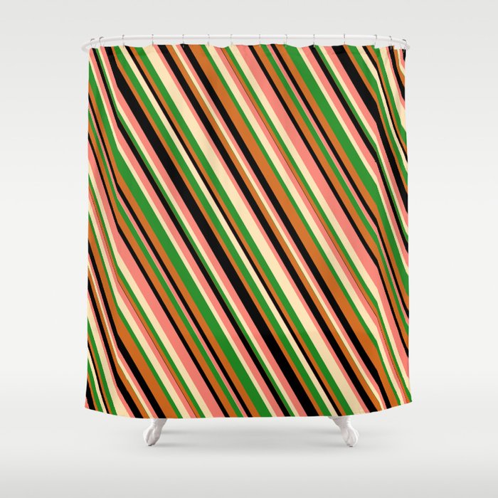 Eye-catching Salmon, Beige, Forest Green, Chocolate, and Black Colored Lines/Stripes Pattern Shower Curtain