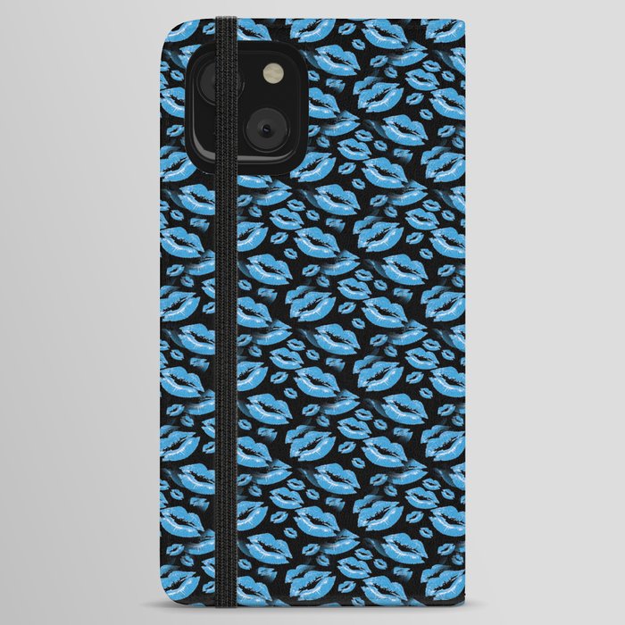 Two Kisses Collided Boyish Blue Lips Pattern iPhone Wallet Case