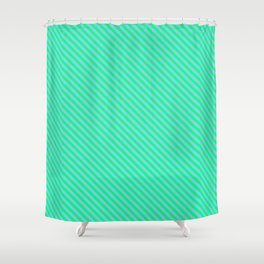 [ Thumbnail: Sky Blue & Green Colored Striped/Lined Pattern Shower Curtain ]