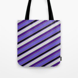 [ Thumbnail: Slate Blue, Indigo, Light Grey, and Black Colored Lined Pattern Tote Bag ]