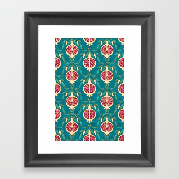 Pomegranate Pattern Teal Background Framed Art Print