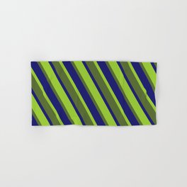 [ Thumbnail: Green, Dark Olive Green, and Midnight Blue Colored Pattern of Stripes Hand & Bath Towel ]