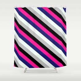 [ Thumbnail: Deep Pink, Midnight Blue, Mint Cream, Grey & Black Colored Lines/Stripes Pattern Shower Curtain ]