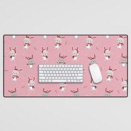 Christmas Bunny With Gifts & Berries Pattern Pink Desk Mat