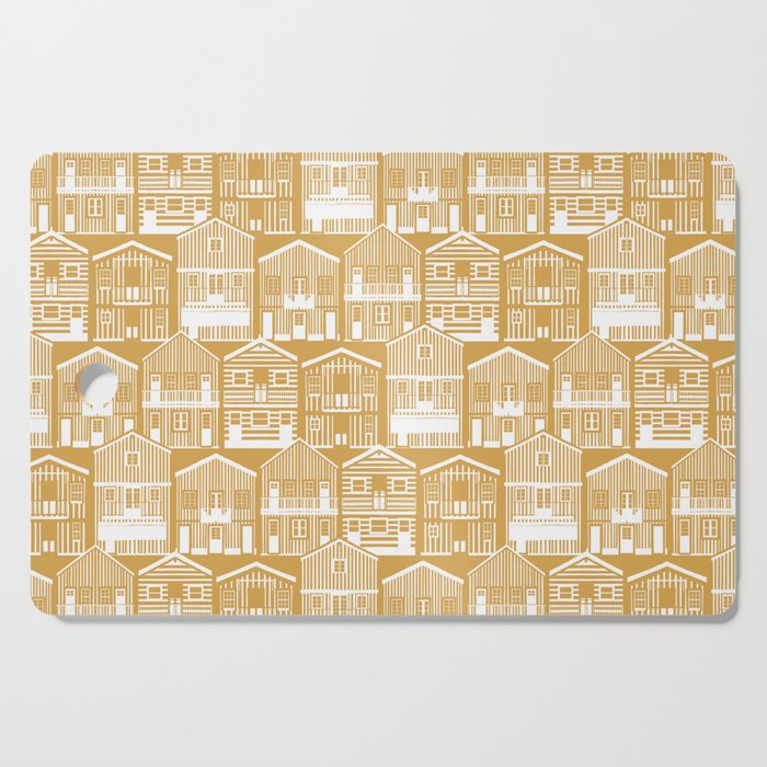Monochromatic Portuguese houses // rob roy yellow background white striped Costa Nova inspired houses Cutting Board