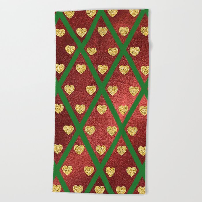 Gold Hearts on a Red Shiny Background with Green Crisscross Lines  Beach Towel