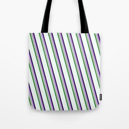 [ Thumbnail: Eye-catching Purple, Grey, Forest Green, Mint Cream, and Black Colored Lined/Striped Pattern Tote Bag ]
