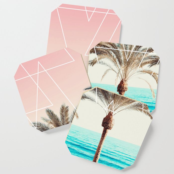 Modern tropical palm tree sunset pink blue beach photography white geometric triangles Coaster