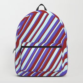 [ Thumbnail: Light Cyan, Slate Blue, and Brown Colored Lined/Striped Pattern Backpack ]