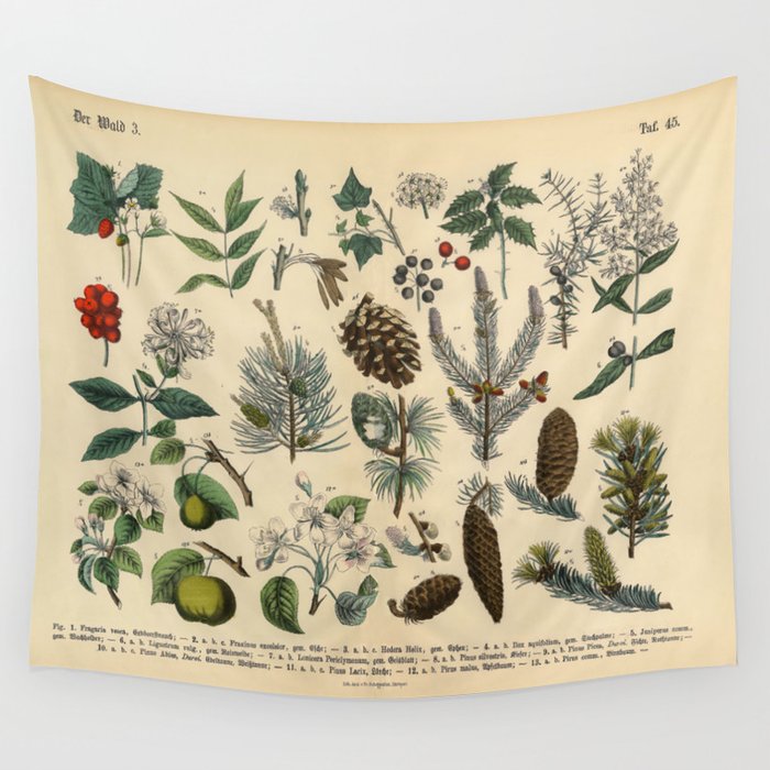 1886 Vintage Illustration of Forest and Fruit Trees and Plants.  Wall Tapestry